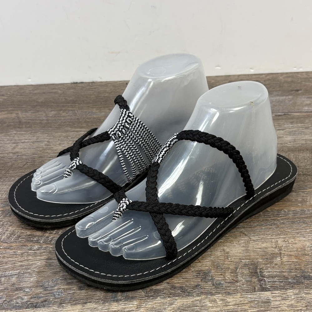 Plaka Black Braided Rope Thong Sandals | Boho Comfort Flip Flops | Size 8